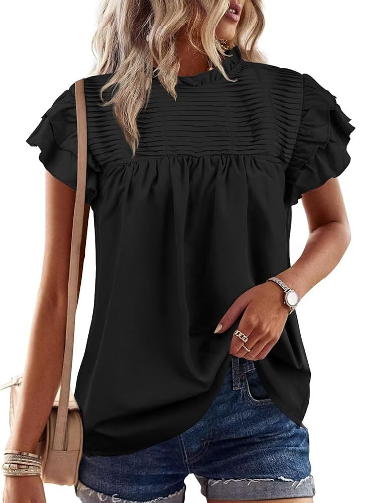 Women's Summer Ruffle Cap Sleeves Tops Mock Neck Pleated Blouses Dressy Casual Outfits | Amazon (US)