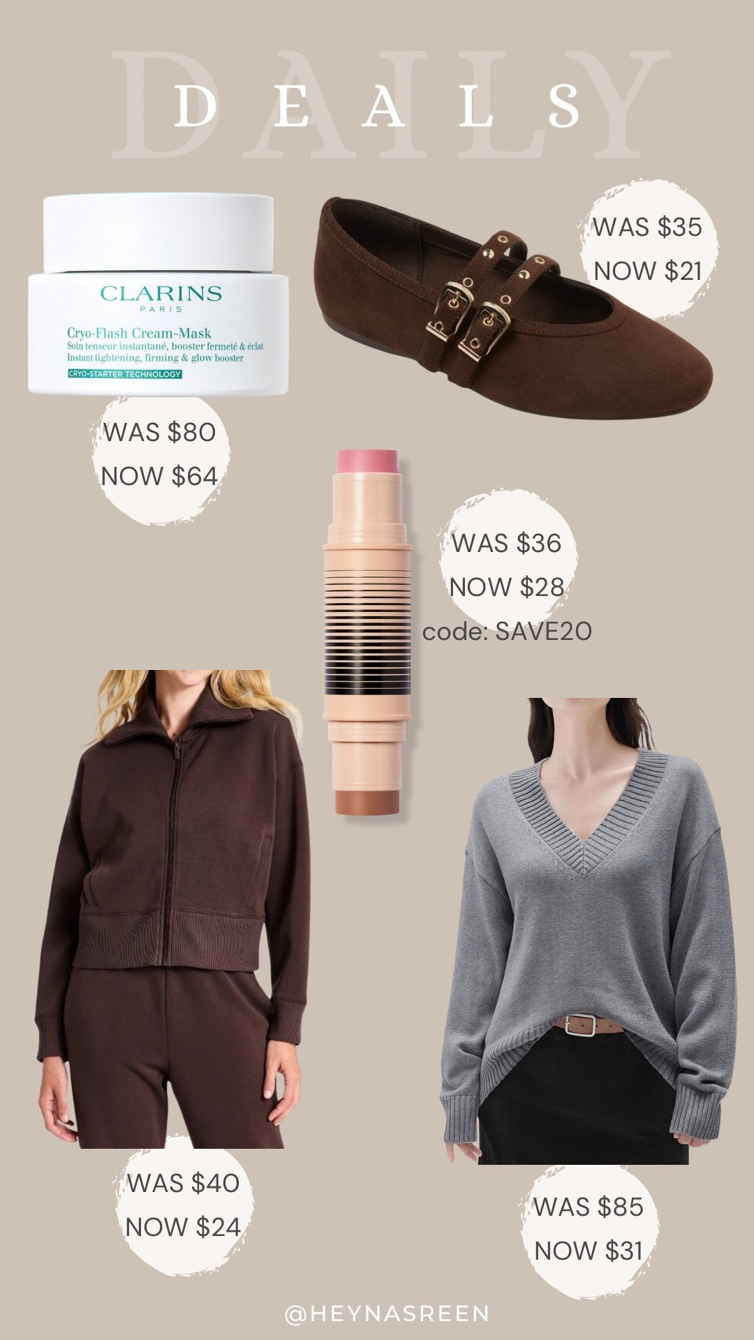 Daily deals on Clarins cyro mask, Target flats, DIBs duo blush & bronzer stick, Amazon sweater, Target zip jacket
