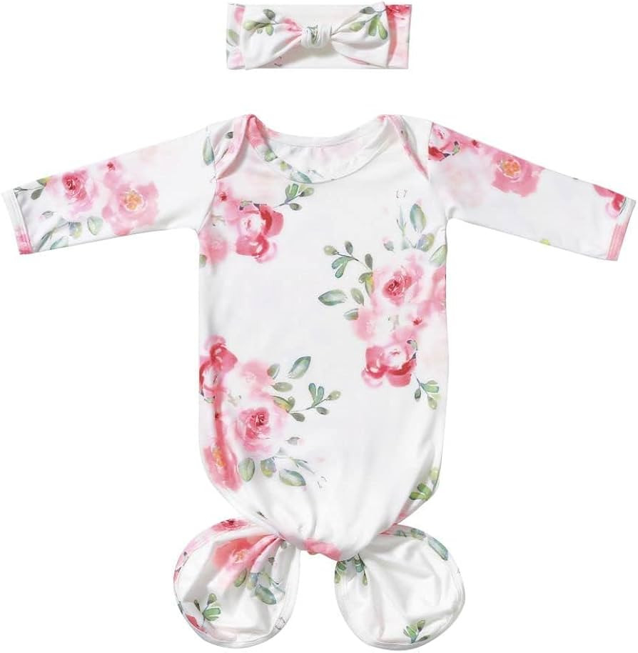 Baby Knotted Gown Newborn 0-6 Months, Soft Breathable Sleeper Gowns, Baby Girl Coming Home Outfit... | Amazon (US)