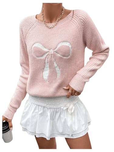 MakeMeChic Women's Bow Print Sweater Crew Neck Long Sleeve Cute Pullover Top Pink Medium | Amazon (US)
