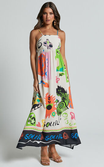 Jelena Midi Dress - Straight Neck  Sleeveless  A Line Dress in Summer Holiday Print | Showpo (ANZ)