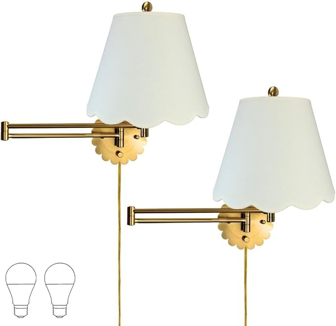 Royal Designs, Inc. Set of 2 Scalloped Swing-Arm Dimmable Wall Lamp - Brushed Satin Brass Lamp wi... | Amazon (US)