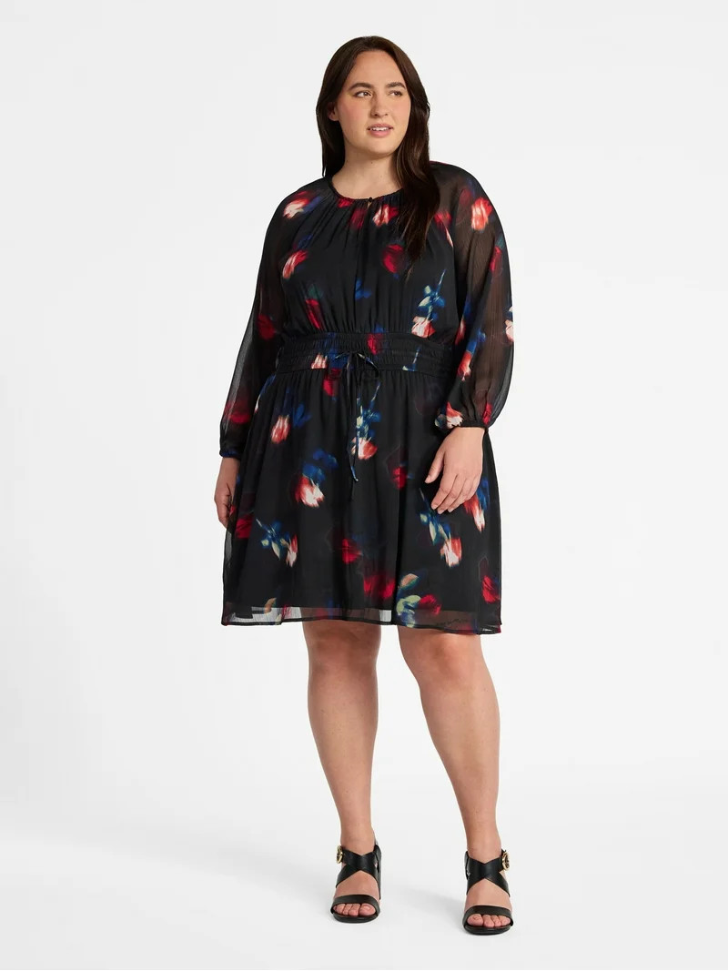 Terra & Sky Women's Plus Chiffon Cinched Mini Dress with Blouson Sleeves, Sizes 0X-5X | Walmart (US)