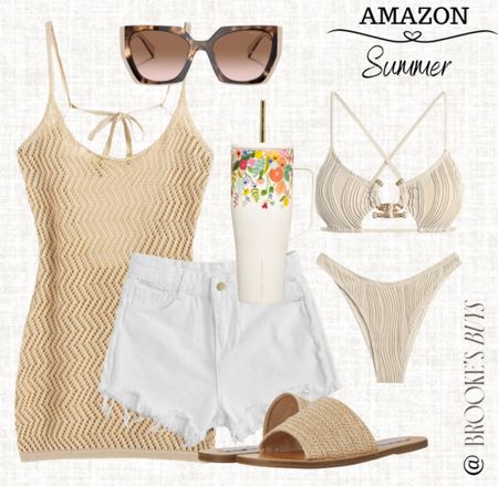 Cute bathing suit with crocheted cover up with sandals and jeans short. Add sunglasses along with a tumbler. #bathsuit #swimwear #coverup

#LTKU #LTKswim #LTKshoecrush