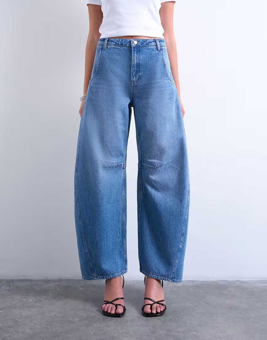 Topshop Horseshoe high rise barrel jean in mid blue | ASOS (Global)
