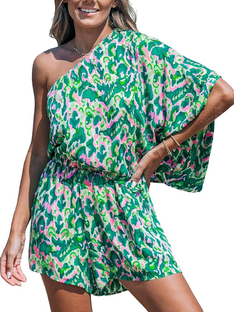 CUPSHE Women's One Shoulder Romper 3/4 Sleeve Wide Leg Mini Jumpsuit Short Draped Bodice Romper C... | Amazon (US)