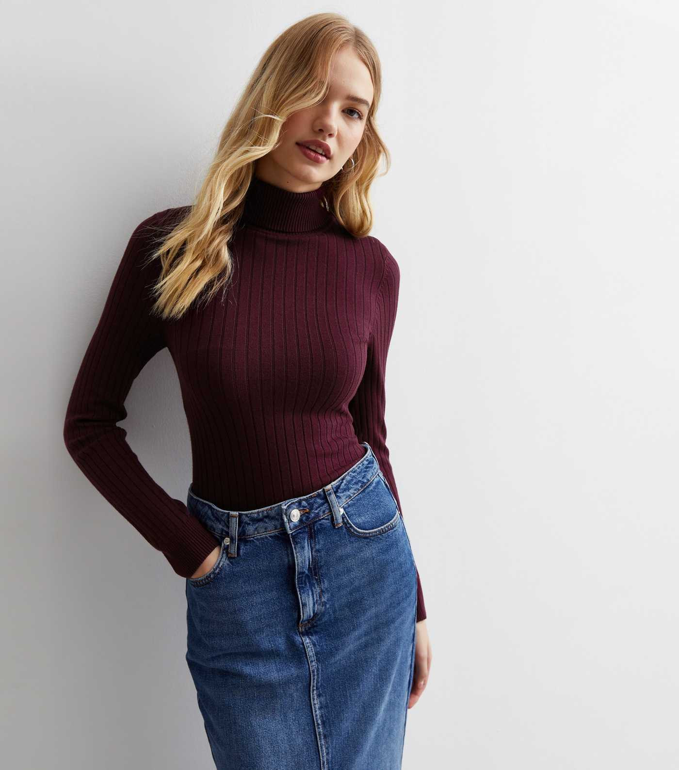 Burgundy Ribbed Knit Roll Neck Jumper | New Look | New Look (UK)