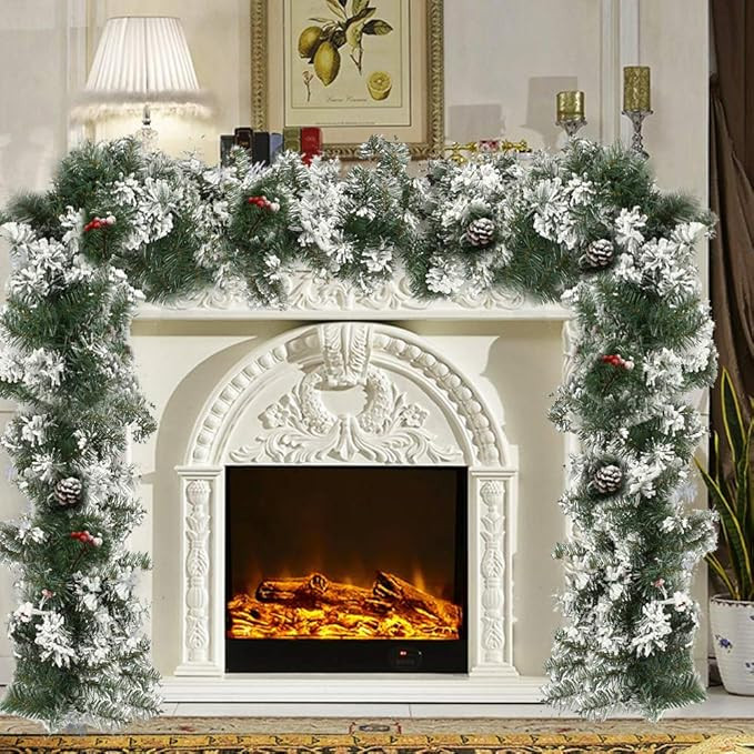 Interlink-US 9Ft Christmas Garland Snow Flocked Artificial Wreath with Pinecones Berries Xmas Dec... | Amazon (US)