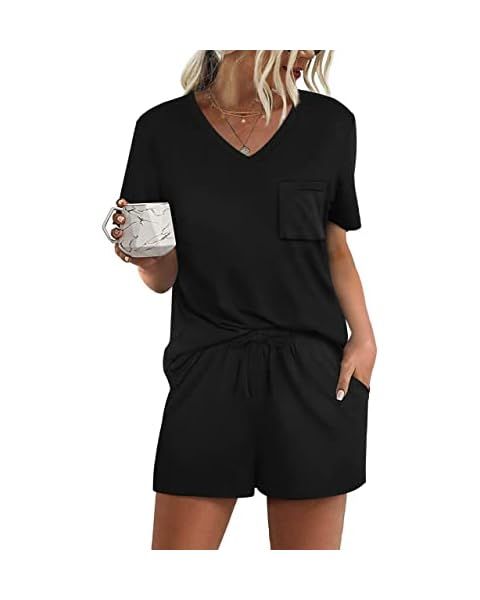 Aloodor Lounge Set for Women 2 Piece Outfits Short Sleeve V Neck Pjs Sleepwear Soft | Amazon (US)