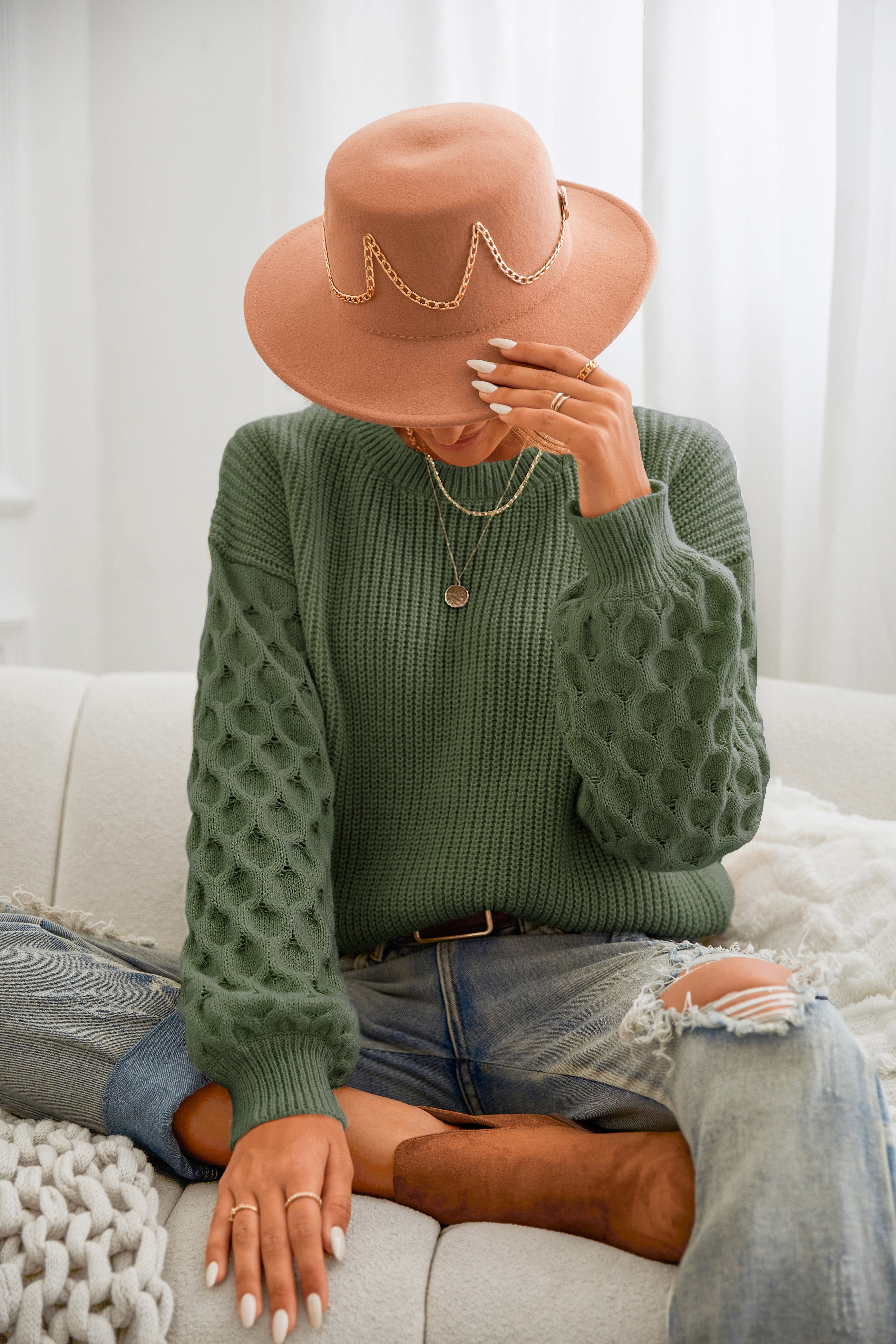 Green Honeycomb Puff Sleeve Sweater | Cupshe US