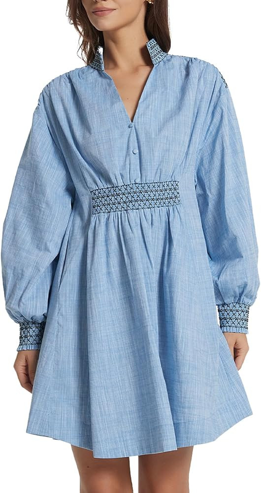 Womens Embroidered Shirt Dress Fall Oversized Long Sleeve Casual V Neck A Line Mini Dress | Amazon (US)