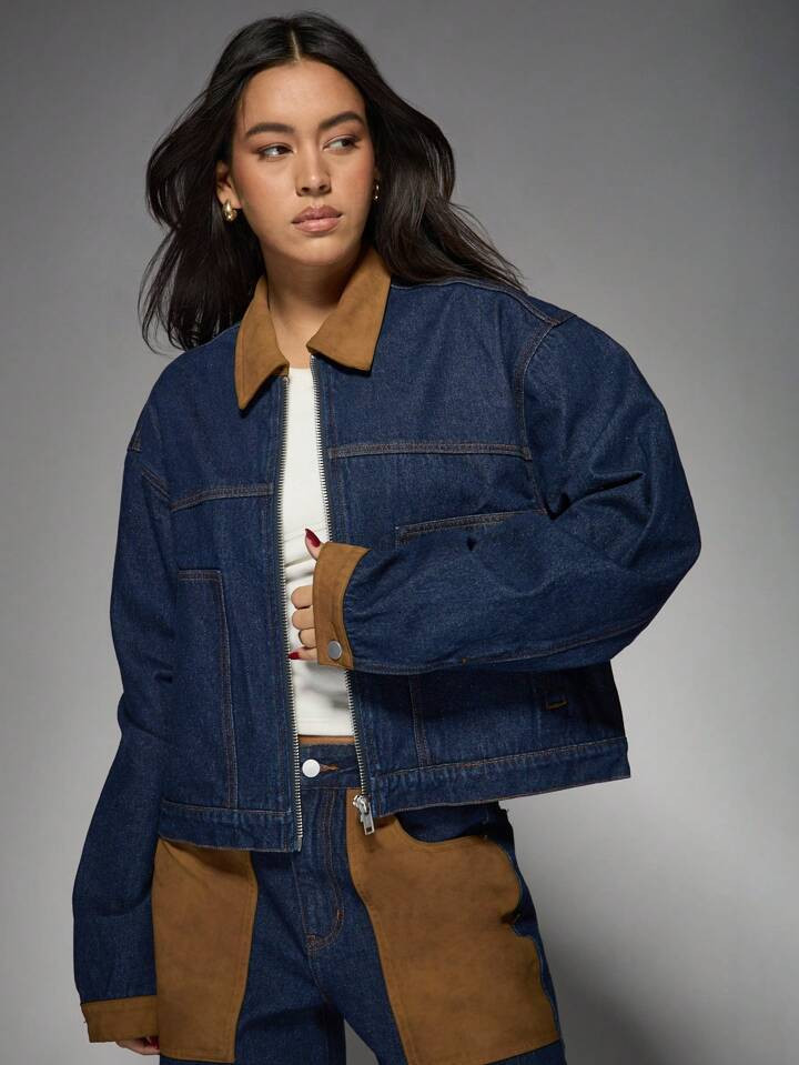 MISSGUIDED Contrast Collar Zip Through Denim Worker Jacket Winter Wear | SHEIN