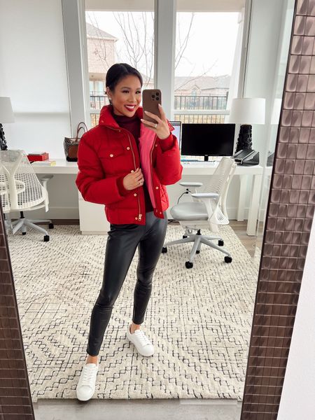 Winter outfit that would be perfect for a casual Valentines Day look. Red puffer coat that is cropped and keeps you warm paired with vegan leather leggings. Wearing size XS and it fits TTS! 

#LTKSeasonal #LTKstyletip