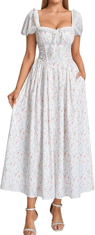 EYNMIN Floral Corset Midi Summer Wedding Guest Dresses for Women Lace Up Puff Sleeve Flowy A Line... | Amazon (US)