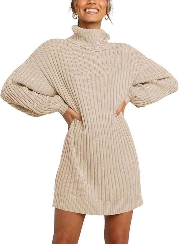 LOGENE Women's Oversized Turtleneck Long Sleeve Ribbed Knit Pullover Sweater Dress | Amazon (US)