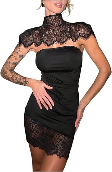NRTHYE Womens Lace Patchwork Mini Dress Sexy Wrap Turtleneck Strapless Shawl Bodycon Elegant Cock... | Amazon (US)