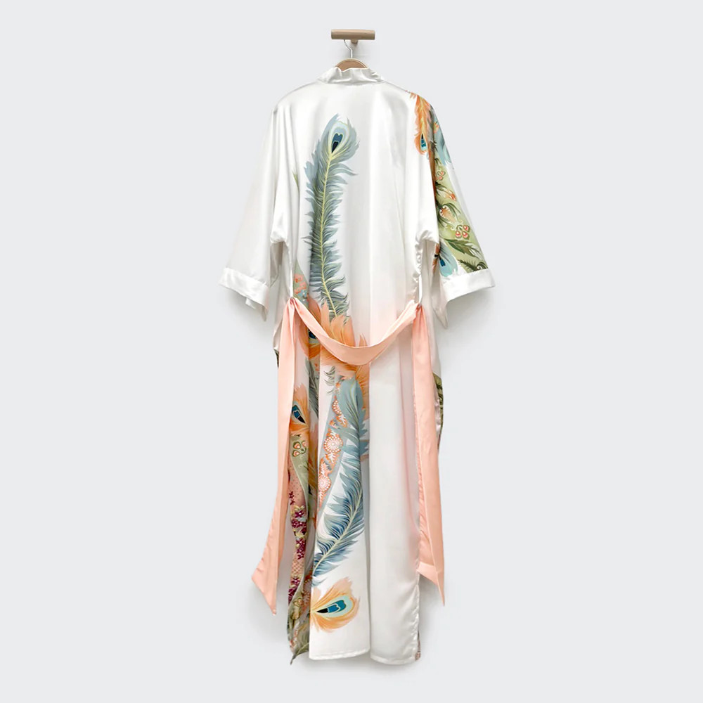 Peacock Feather Long Kimono Robe | KIM+ONO