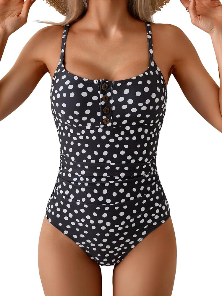 B2prity One Piece Swimsuit for Women Tummy Control Retro Bathing Suit Button Up Slimming Swimwear | Amazon (US)