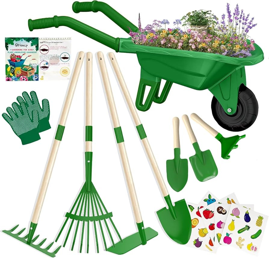 Qtioucp Kids Gardening Tools Outdoor Toys Set Backyard Play with Wheelbarrow Educational STEM Lea... | Amazon (US)