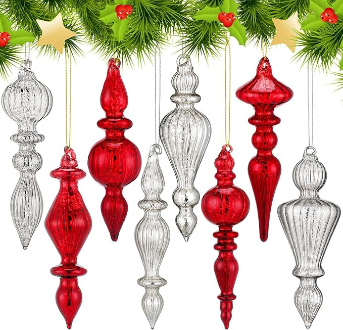Mifoci 8 Pcs 6 Inch Mercury Glass Finial Christmas Ornaments Hanging Christmas Finials Glass Orna... | Amazon (US)