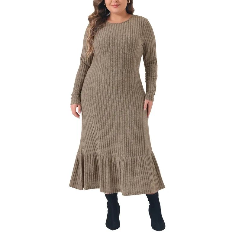 Agnes Orinda Plus Size Dress for Women Ribbed Knit Long Sleeve Crew Neck Ruffled Hem Midi Dresses | Walmart (US)