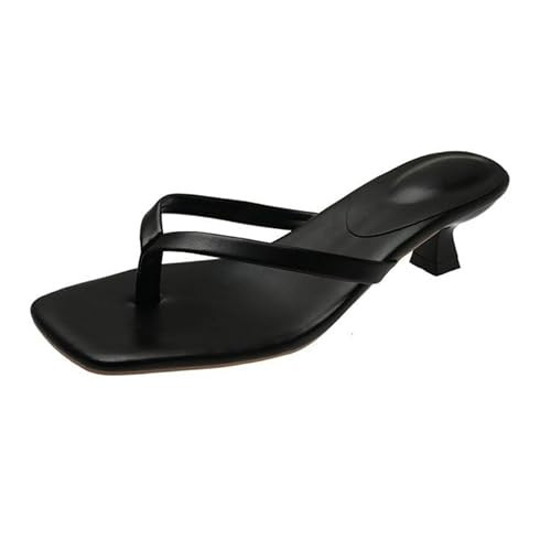 LUCKYTOWO Low Heel Sandals for Womens,Summer Flip Flops Fashion Square Toe Non-Slip Beach Sandals,Stiletto Open Toe Shes (Black,4.5) | Amazon (US)