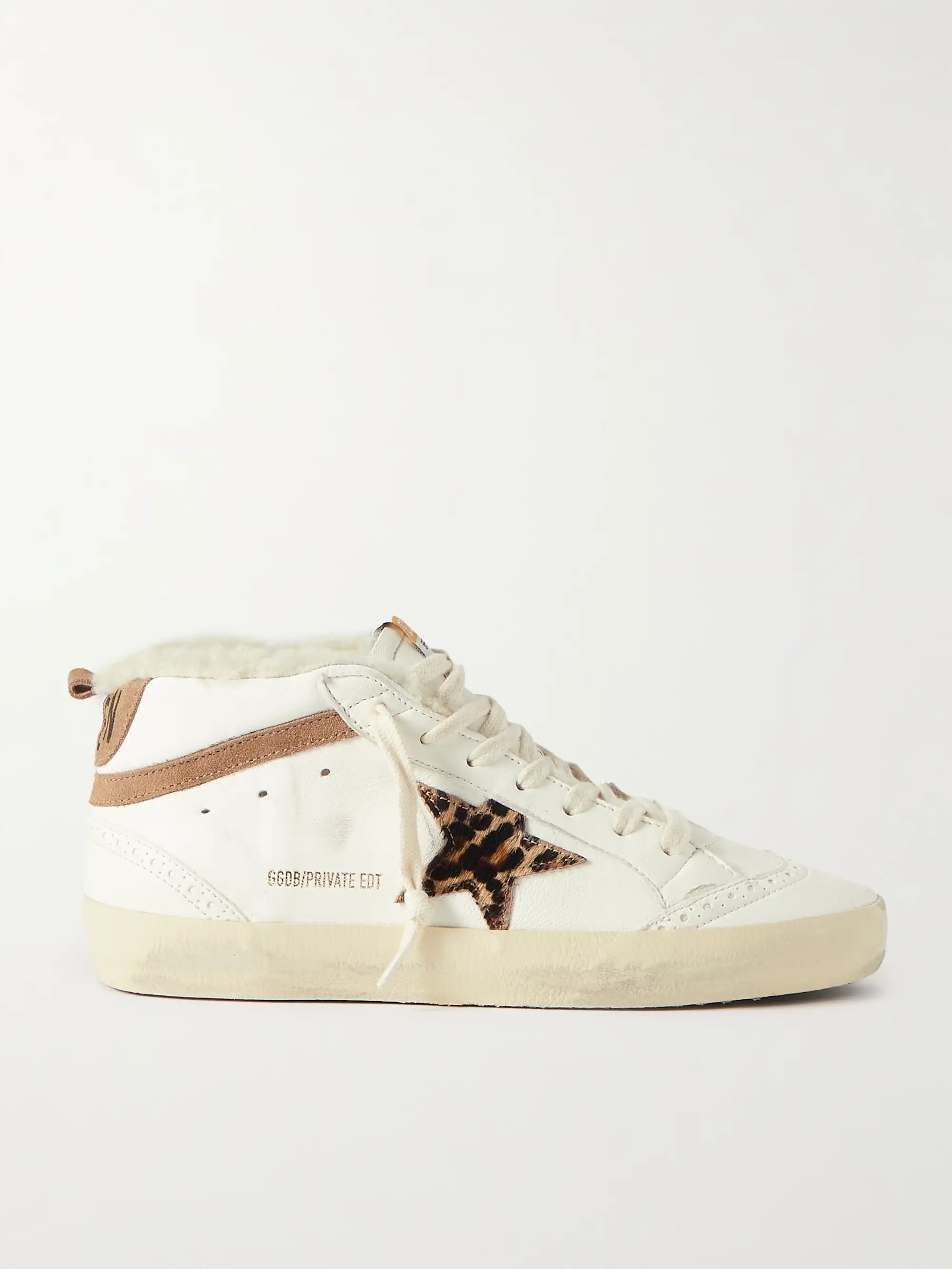 GOLDEN GOOSE Mid Star shearling-lined distressed leopard-print calf hair, suede and leather sneak... | NET-A-PORTER (US)