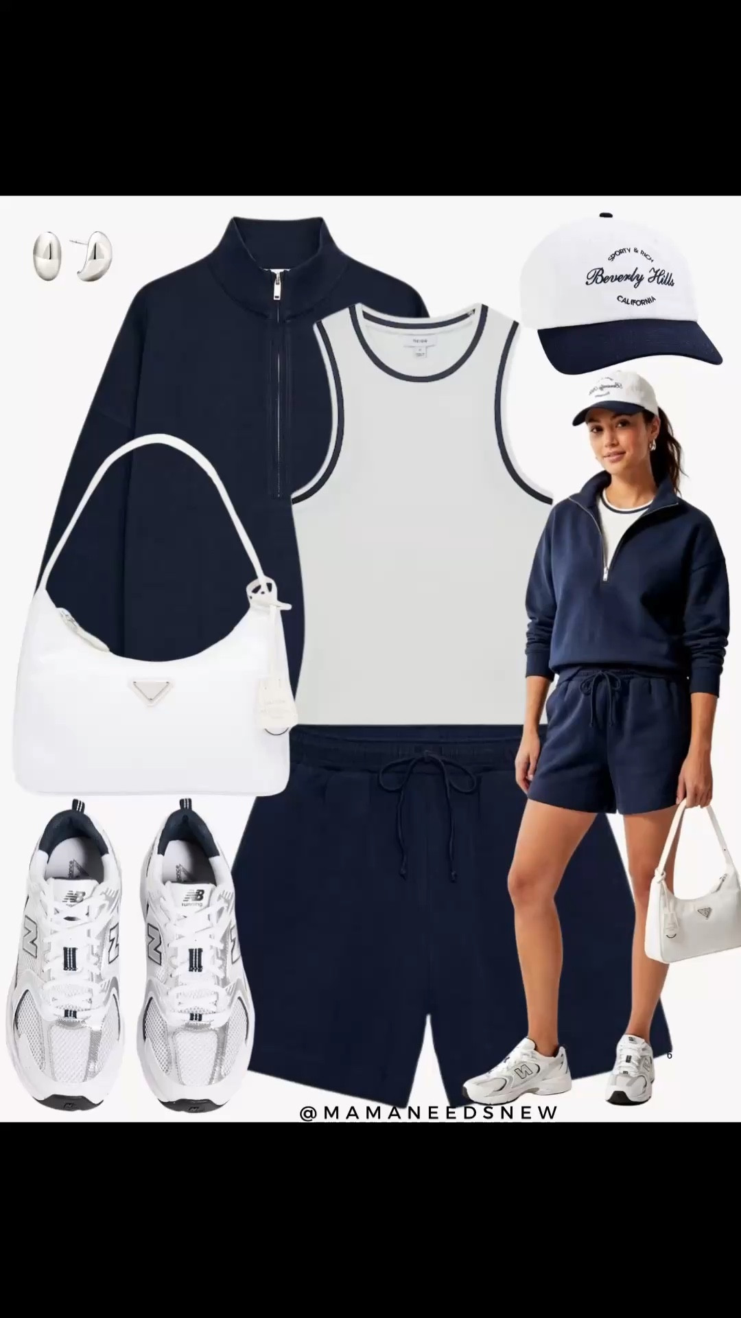 A spring outfit with a matching half zip sweatshirt and shorts set, tank top, shoulder bag, sneakers 💙🤍

#LTKSaleAlert #LTKSeasonal #LTKootd