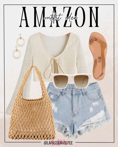 Embrace laid-back vibes with this Amazon outfit combo! Pair a tie-front bell long sleeve shrug top with denim shorts, accessorized with bohemian earrings, sunglasses, a crochet bucket mini tote bag, and leather flat sandals.

#LTKfindsunder100 #LTKSeasonal #LTKstyletip