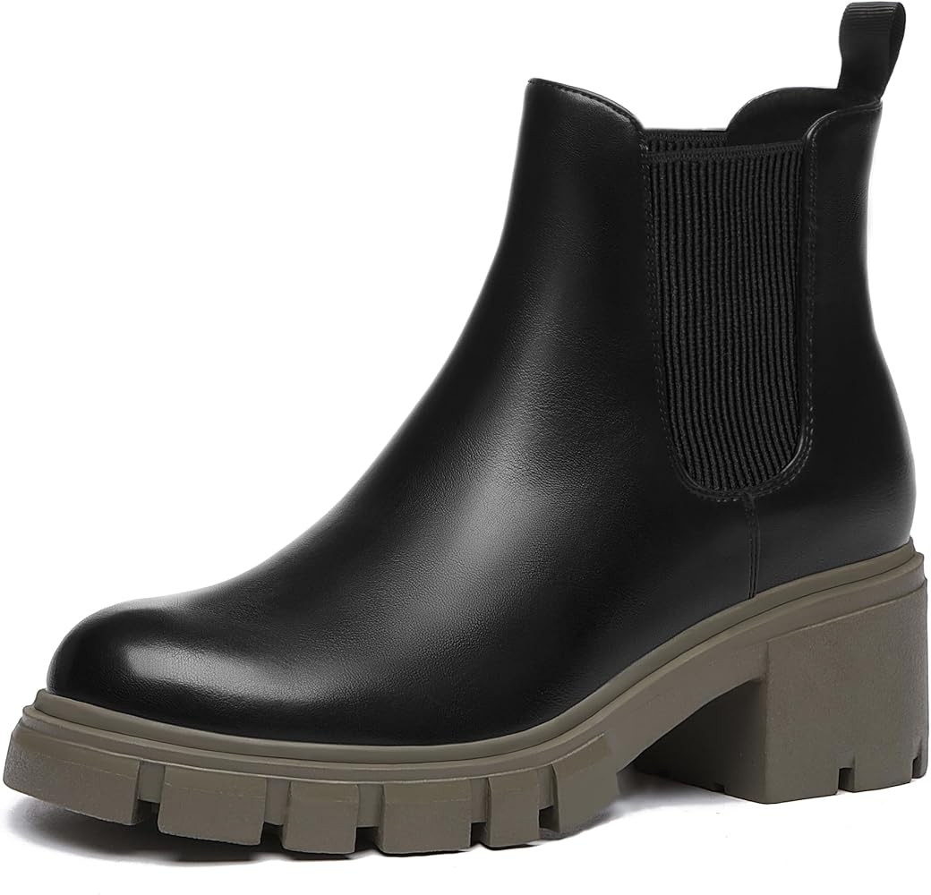 Athlefit Women's Chelsea Boots Fashion Lug Sole Chunky Heel Slip on Elastic Ankle Booties | Amazon (US)