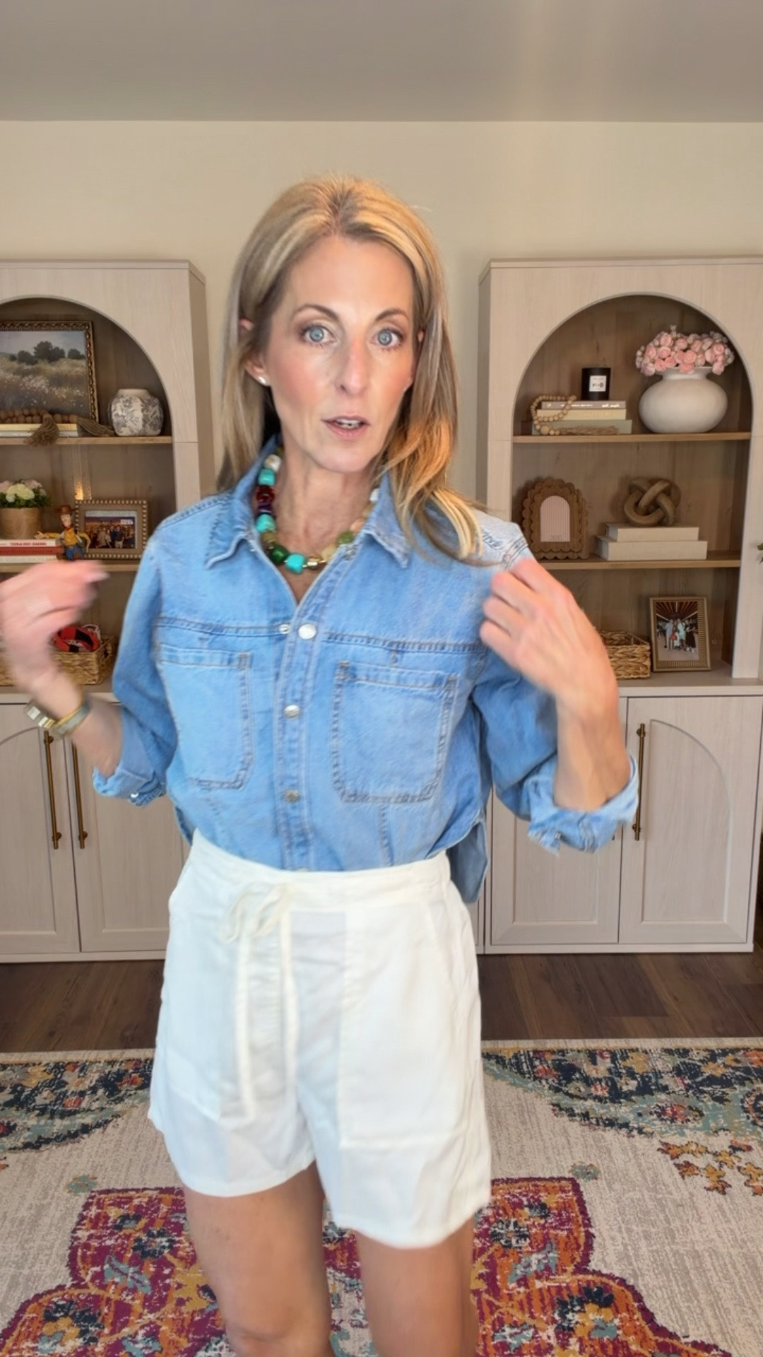 Follow + Comment WALMART and I’ll send you the links.  Walmart is making it really hard to spend a fortune on clothes these days. 

This denim top is just $22, the shorts are $14, and together they create the perfect easy summer outfit.

Classic, comfortable, and under $40 for the entire look.

Walmart fashion, Walmart outfit, affordable summer outfit, denim shirt outfit, white shorts outfit, casual summer style, budget fashion finds, Walmart new arrivals, summer capsule wardrobe, everyday summer outfit, over 40 fashion, classic style.