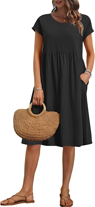 AUSELILY Women's Summer Short Sleeve Knee-Length Loose Dresses with Pockets | Empire Waist,Cap Sl... | Amazon (US)