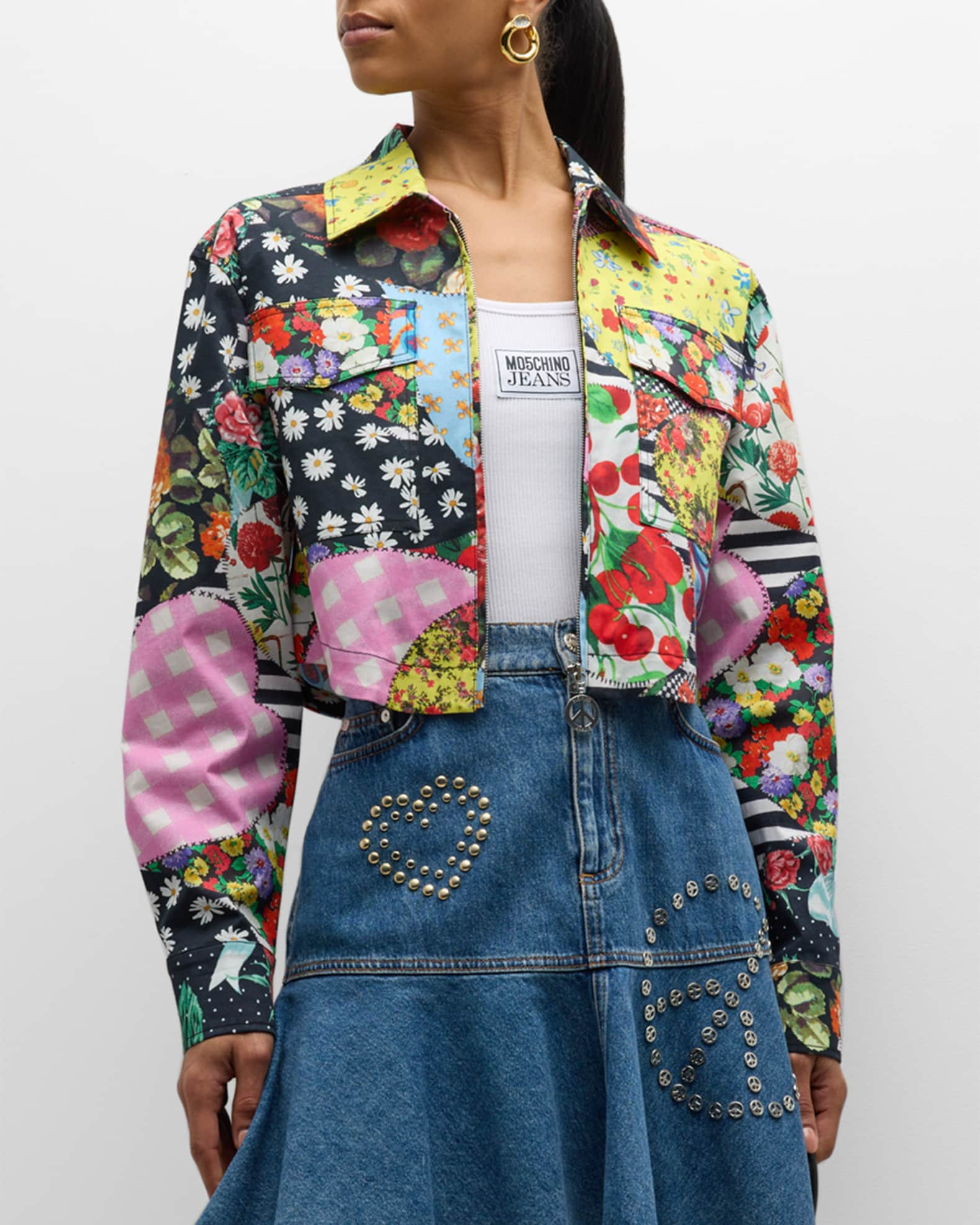 Moschino Jeans Cropped Archive-Print Jacket | Neiman Marcus