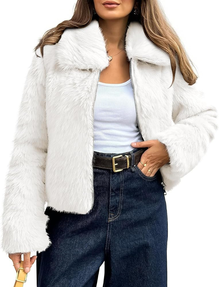 BTFBM Faux Fur Jacket Women Fluffy Winter Cropped Coats Zip Up Fuzzy Jackets Long Sleeve Furry Co... | Amazon (US)