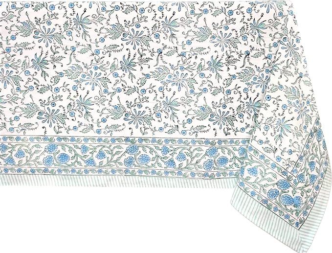 ATOSII 'Aster Blue’ 100% Cotton Canvas Boho Rectangle Tablecloth, Handblock Print Floral Table ... | Amazon (US)