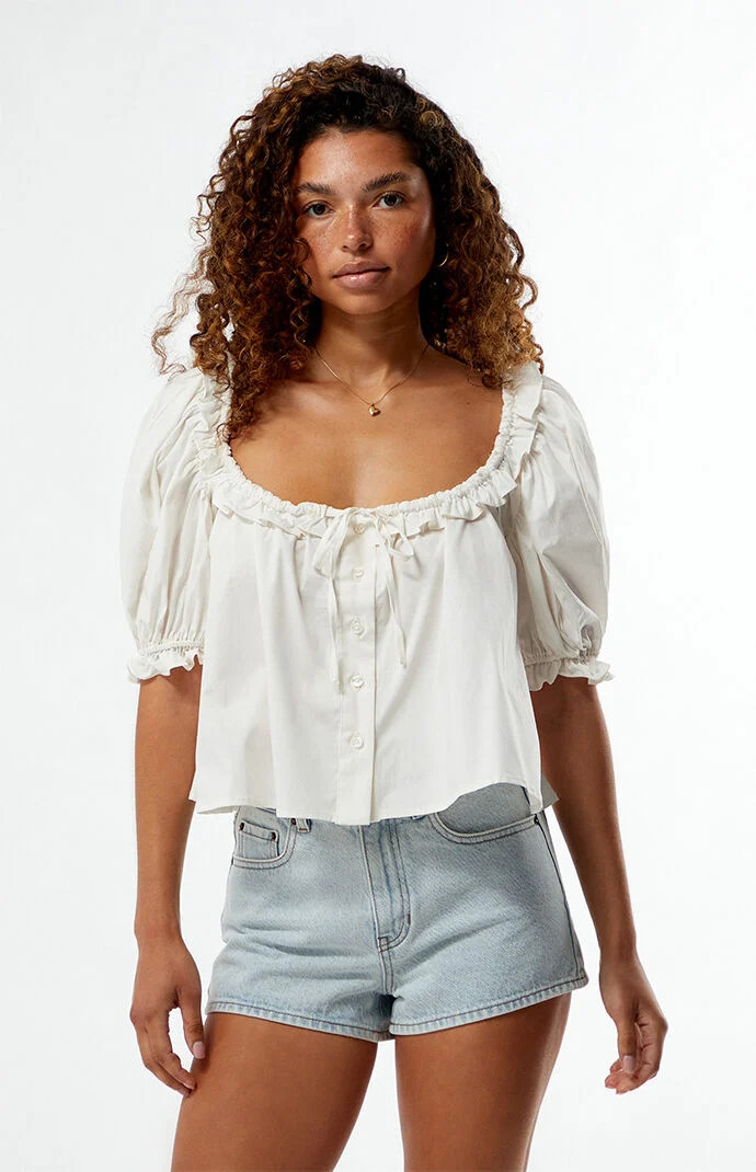 WEWOREWHAT Women's Puff Sleeve Button Up Top in White - Size Medium | PacSun