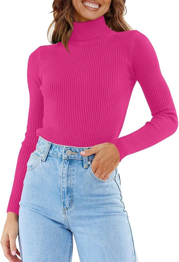ZESICA Women's 2024 Turtleneck Long Sleeve Shirts Spring Fall Basic Tops Slim Fitted Ribbed Knit ... | Amazon (US)