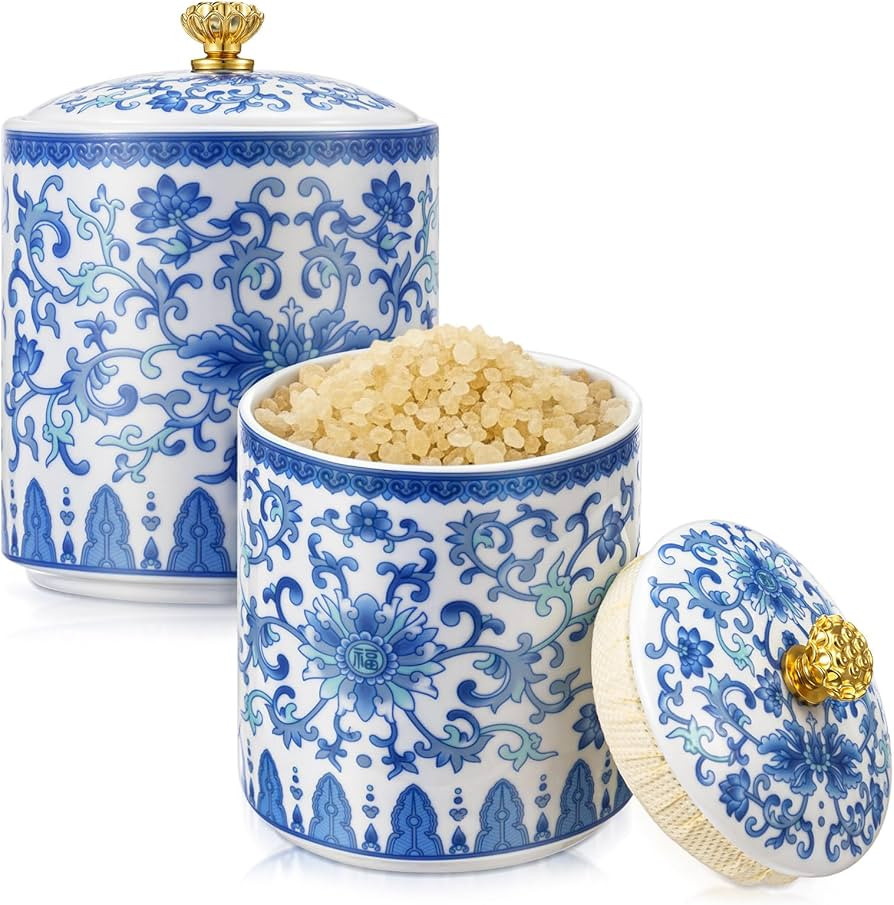 2 Pcs Vintage Blue and White Porcelain Salt Cellar with Lid Ceramic Salt Holder Container for Cou... | Amazon (US)