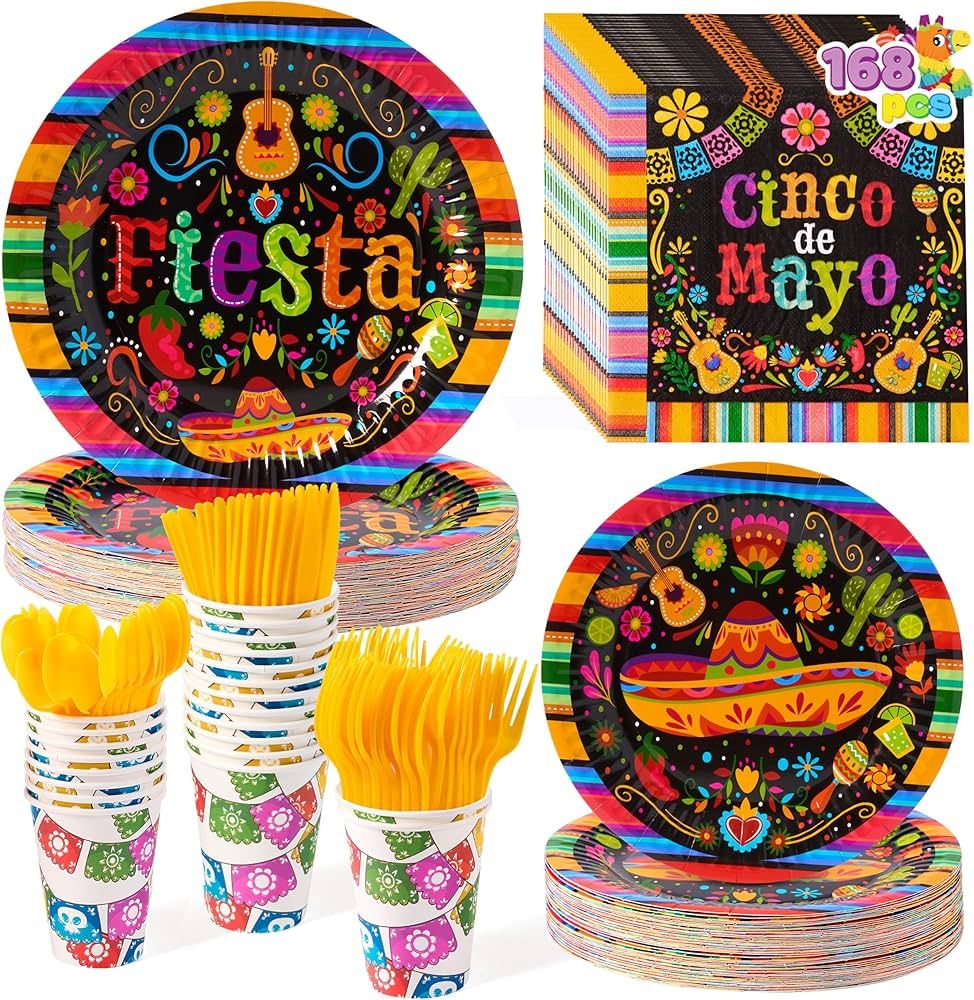 JOYIN 168 Pcs Fiesta Party Paper Plates and Napkins Set for Mexican Theme Party Decorations, Cinc... | Amazon (US)