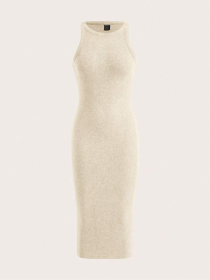 SHEIN EZwear Solid Ribbed Knit Bodycon Dress | SHEIN