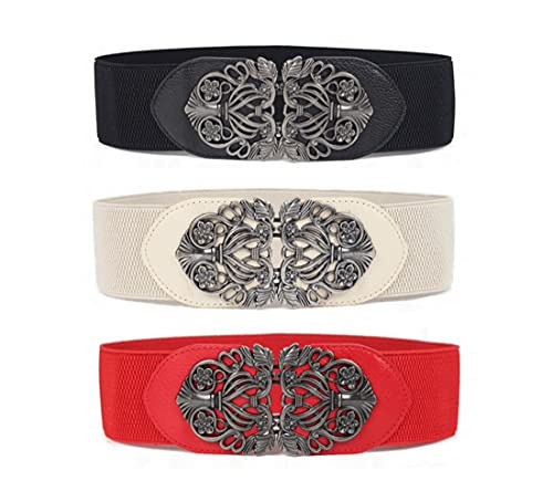 Swtddy 3 Pack Womens Vintage Wide Elastic Stretch Waist Belt For Dresses (Black+Beige+Red With Silver Color Buckle, Suit For Waist Size 36"-45") | Amazon (US)