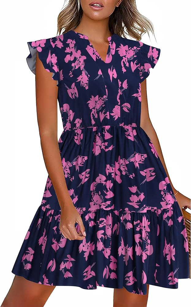 HOTOUCH Women Printed Dress for Summer Short Ruffle Sleeve Dress Tiered Mini Dress with Pockets | Amazon (US)