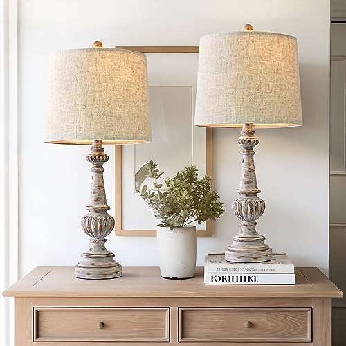 PORTRES 24.5" Traditional Table Lamp Set of 2 for Living Room Linen Fabric Lampshade Bedside Nightstand Lamps for Bedroom Kids Room Study Room Office Rustic Table Lamps Resin | Amazon (US)
