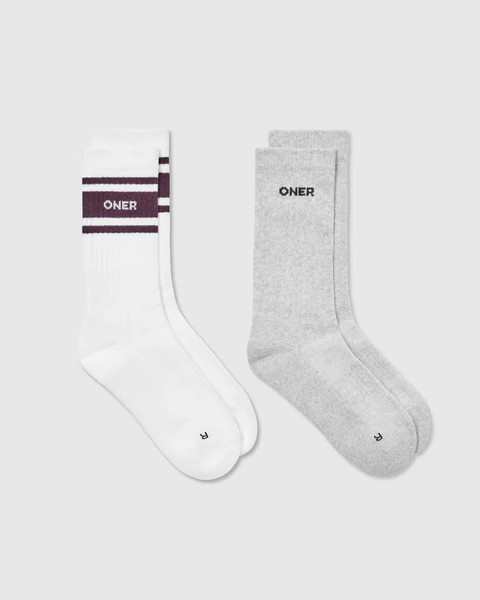 Varsity Long Crew Socks 2 Pack 
 Grey Marl/ White/ Blackberry | Oner Active (UK / US)