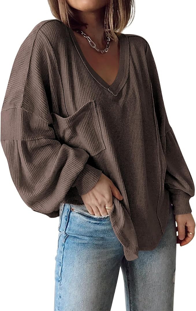 BTFBM Women's Casual V Neck Ribbed Knit Shirts 2024 Fall Pullover Tunic Tops Loose Balloon Long S... | Amazon (US)