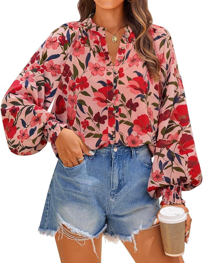 ZESICA Womens Floral Print Long Sleeve Button Down Boho Top | Amazon (US)