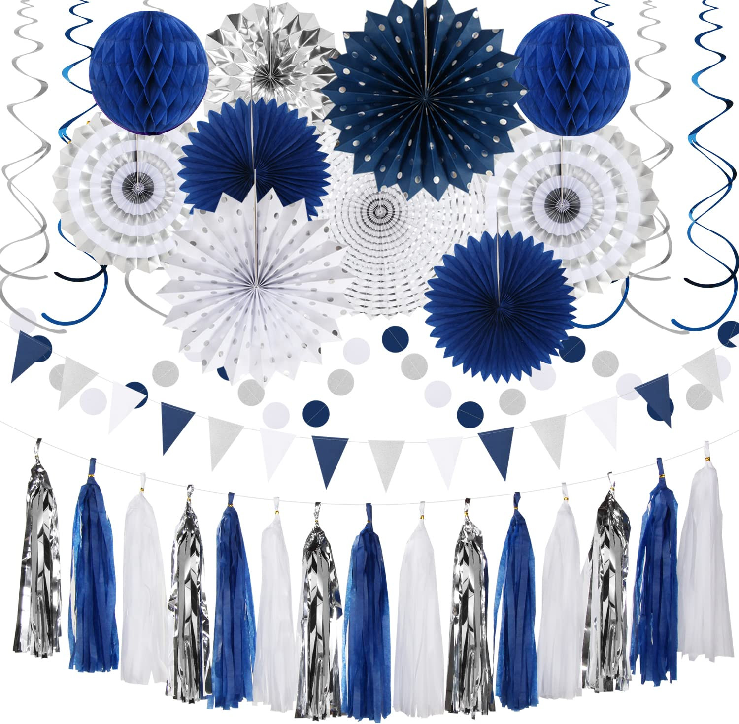 Navy-Blue White-Silver Graduation Party-Decorations - 33pcs Kits Banner, Streamers Tassel Garland... | Amazon (US)