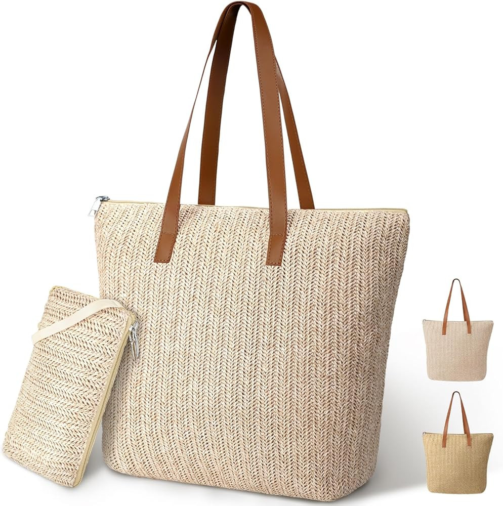 Straw Tote Bag, Large Woven Beach Bag - Summer Beach Hobo Handbag Leather Handle for Women Travel... | Amazon (US)