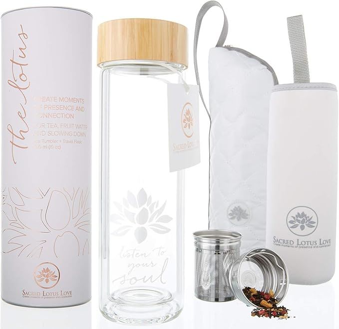 The Lotus Glass Tea Tumbler with Strainer & Infuser Basket for Loose Leaf Tea. Leak-Proof Lid. BP... | Amazon (US)