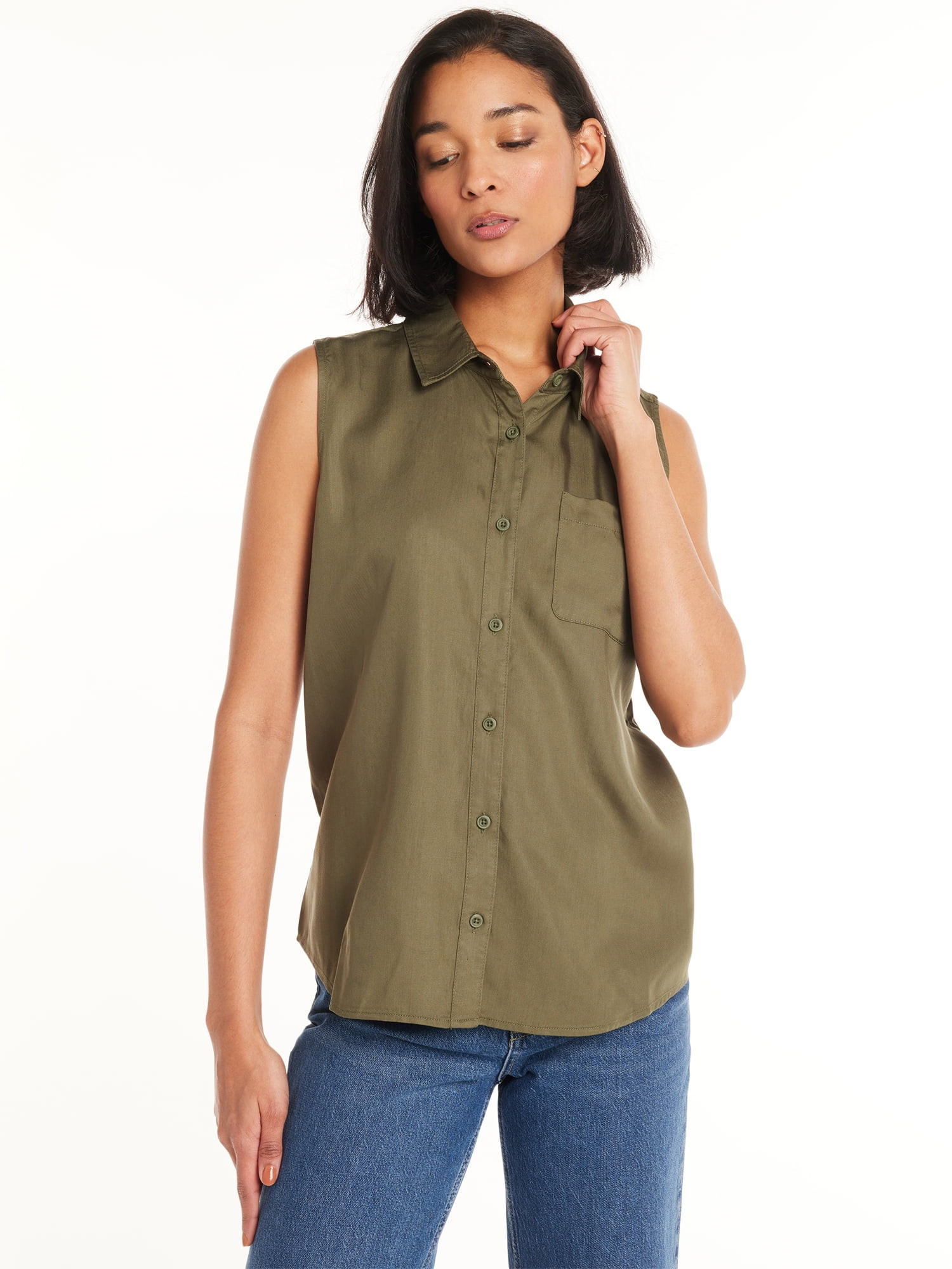 Time and Tru Sleeveless Button Down Shirt, Sizes XS-XXXL | Walmart (US)